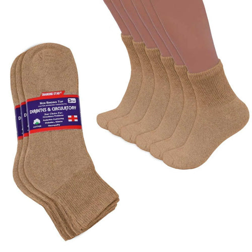 12 Pairs Men's Circulatory Health Diabetic Ankle Quarter Socks Khaki