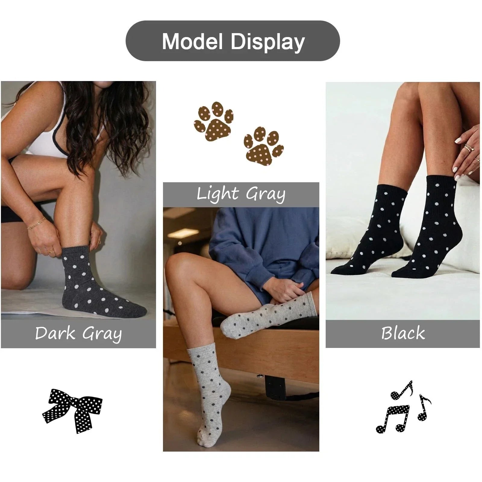Polka Dot Crew Socks for Women, 5 Pairs Cute One Size
